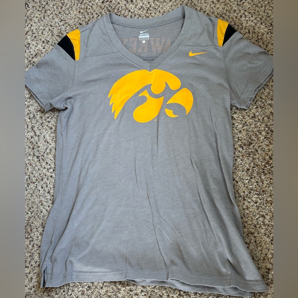 Nike Iowa Hawkeyes Grey V-Neck Tee with Gold Logo